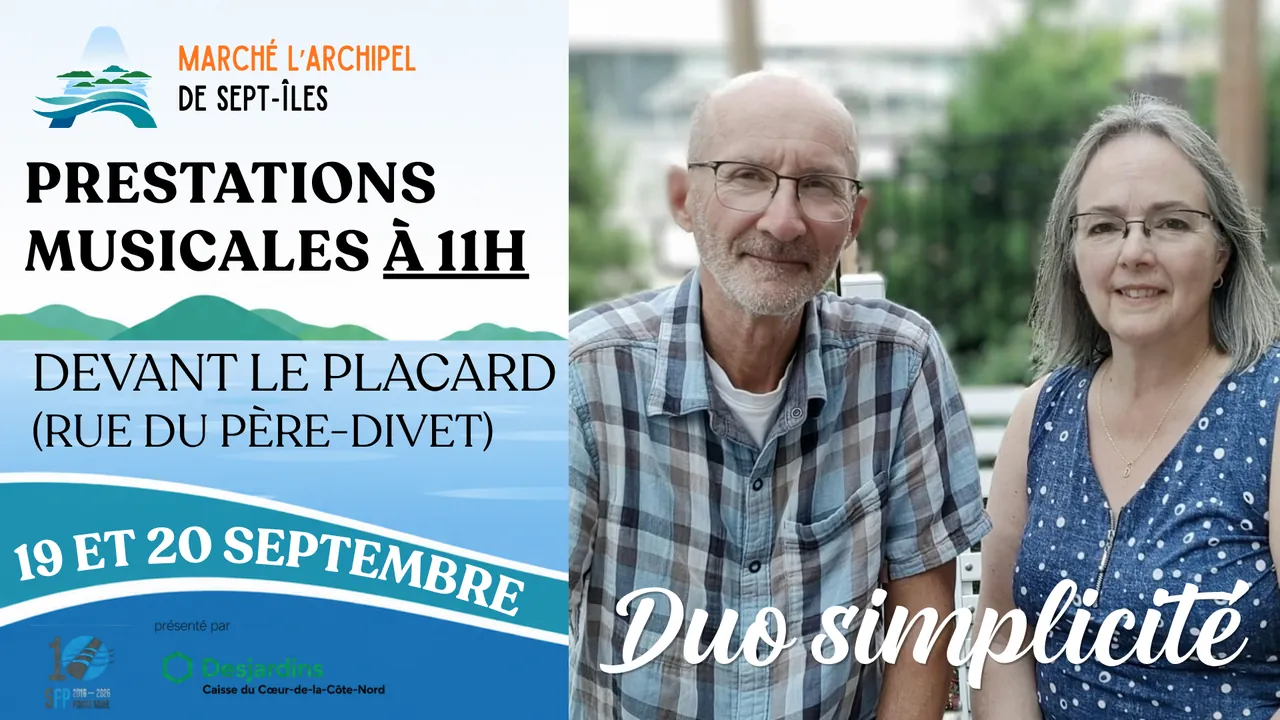 Prestations musicales à 11 h, devant le Placard (rue du Père-Divet), les 19 et 20 septembre — Duo Simplicité